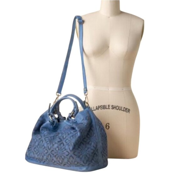Sundance Medeira Blue Laser Cut Leather Shoulder Bag Satchel Double Top Handle - Picture 4 of 8